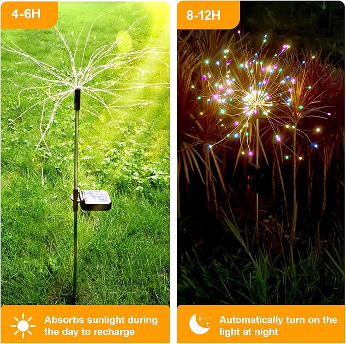 solar fireworks lights for outside, 150LED 8 Modes Fireworks Solar Lights Outdoor, Fairy Garden Flowers Lights for Yard Pathway wedding Party Christmas Diwali Garden Decor 4Pack (Multicolor)
