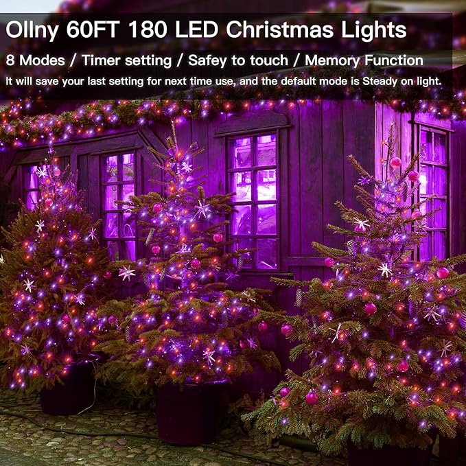 Ollny Halloween Outdoor String Lights - 60 FT 180 LED Orange and Purple Decorations, Waterproof Fairy Plug-in, 8 Modes and Timer for Party, Yard, Door, Christmas Decor