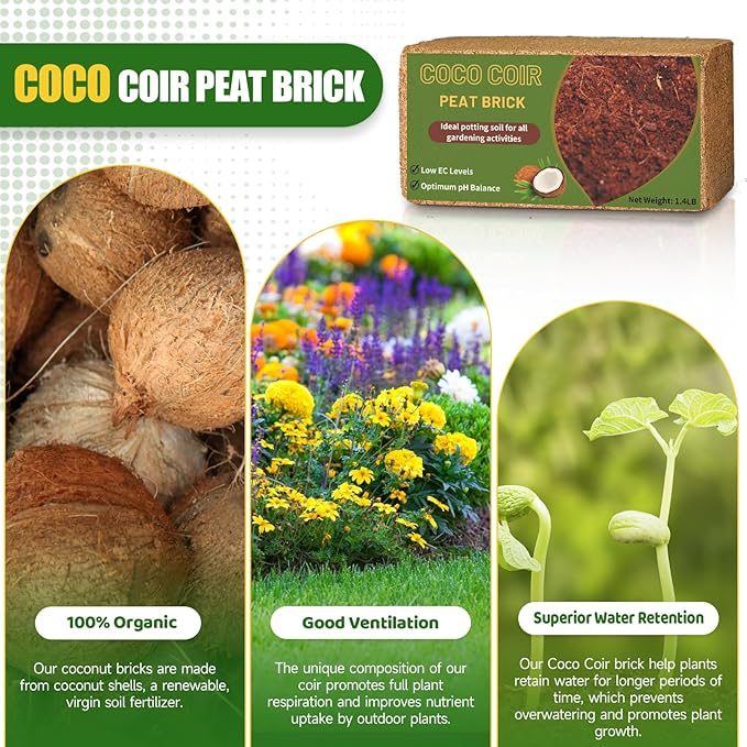 Coco Coir Bricks for Plants 5.6LBS, All Natural Organic Compressed Coconut Coir Fiber, Easy to Expand, Low EC, pH Balanced, Ideal for Vegetables, Herbs, Flowering Plants (4 Pcs)