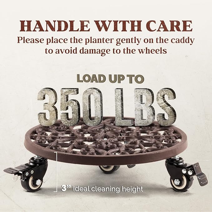 IDZO Capacity 350 lbs Plant Caddy with Wheels Heavy Duty Cast Iron Plant Stand with Lockable Wheels 12 Inch Classis Style Dark Brown