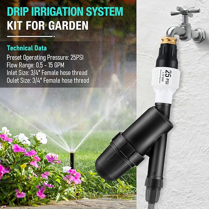 Drip Irrigation Pressure Regulator and Filter, 25 PSI Water Backflow Preventer for 3/4'' Garden/Faucet Hose Thread and Drip Irrigation Inline Y Filter, 3/4" x 3/4" FHT Hose Thread Connections