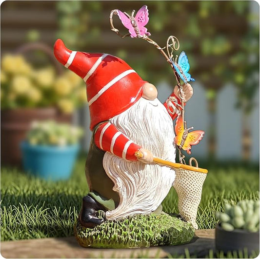 Solar Powered Gnome Garden Statue with Iron Butterflies - LED Lighted Garden Decorations, Resin Gnome with Butterfly Net, Gifts for Women and Men，Outdoor Decor Ornaments for Outside