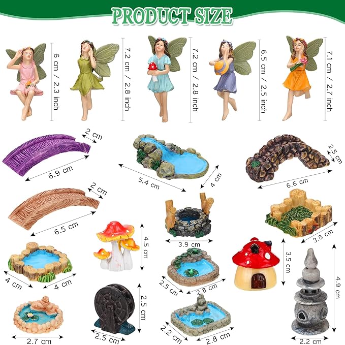 Unittype 19 Pcs Miniatures Fairy Gnome Resin Figures Garden Accessories Mushroom House Figures Fake Pond Lawn Bridge Figurines Terrarium Ornaments Garden Decoration for Outside(Fairy)