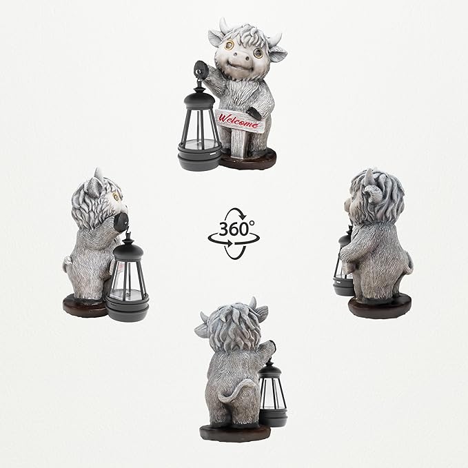 Highland Cow Statues with Solar Lights, Highland Cow Resin Figurine Lights, Highland Cow Ornaments for Patio, Balcony, Indoor Decoration and as Gifts