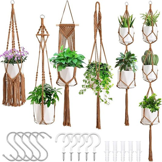 Macrame Plant Hangers, 6Pack Hanging Planters for Indoor Plants w/ 6 Set Hangers Kit Handmade Macromay Plant Hangers Indoor Flower Pots Holder Stand for Boho Home Décor (POTS NOT Included)