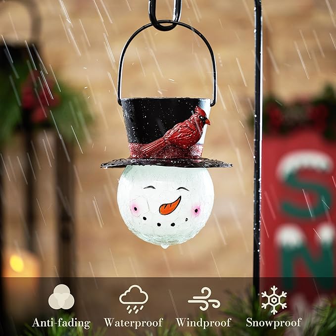TERESA'S COLLECTIONS Outdoor Christmas Decorations for House, 36'' Snowman Glass Solar Lantern Stake with Black Cardinal Hat, Xmas Solar Christmas Lights for Garden Party Decor