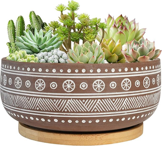 8 Inch Terracotta Succulent Planter Pot with Drainage Hole and Bamboo Tray, Brown Round Shallow Bonsai Pot for Indoor Plants