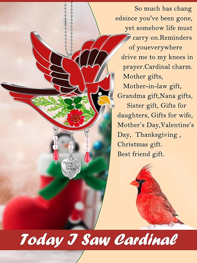 KY&BOSAM Follow Your Dream Cardinal Suncatcher Glass Panels Suncatchers Pressed Real Flower Wings in Glass Suncatchers Birthday Mother`s Day Ornament for Windows with Heart Charm