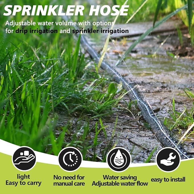 2-Pack Sprinkler Hose with Holes 15 Ft, Flat Soaker Hose 30 ft with Garden Staples, Drip Irrigation Hoses for Lawn, Watering Hose System (Black, 30 ft(15ftx2pack))