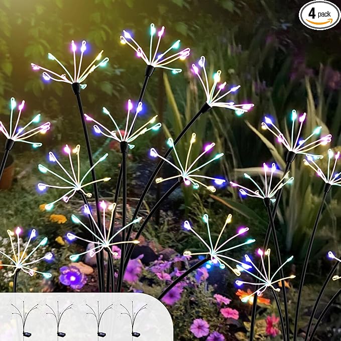 Solar Garden Lights 4 Pack, 240LED Flickering Firework Lights with 2 Light Modes, Waterproof Solar Lights for Pathway Yard Outdoor Garden Decor, Flower Lights for Women Mother’s Day, Multiple Colors