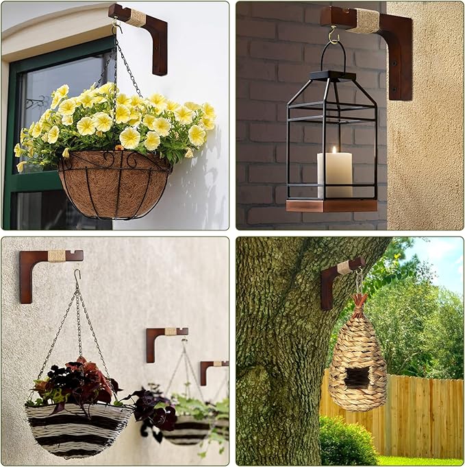 Plant Hanger Hooks for Indoor Hanging Plants, 2 Pack Rustic Farmhouse Wooden Hanging Basket Wall Bracket Plant Hooks for Indoor Outdoor Flower Pots Lanterns Wind Chime Balcony Light Garden Decoration