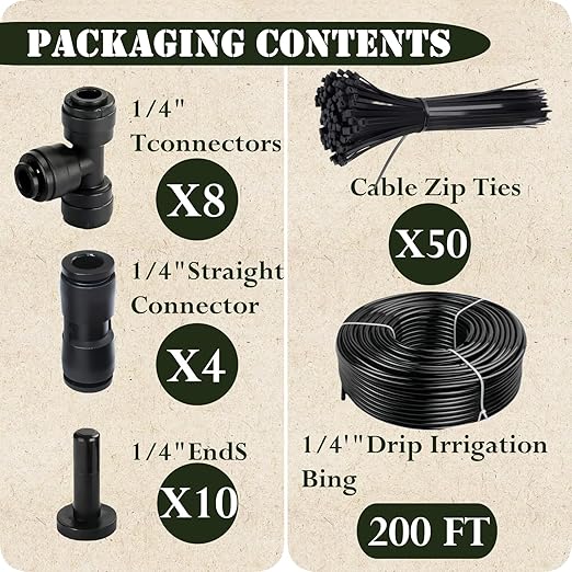 1/4in. Drip Irrigation Tubing - 200FT Drip Line Irrigation System Parts for Garden(Includes 1/4" Straight Connector, Ends, T Connectors, Cable Zip Ties)