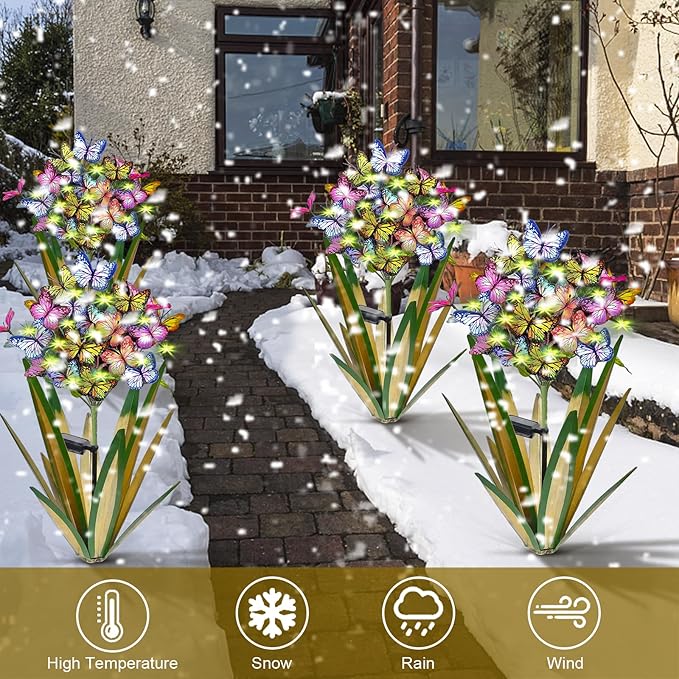 Solar Metal Agave Butterfly Flower Stick Garden Sculpture - Outdoor Gift, Christmas Lights, Swaying Butterfly, Sunflower - Solar Outdoor Statues (3 PCS Light Green)