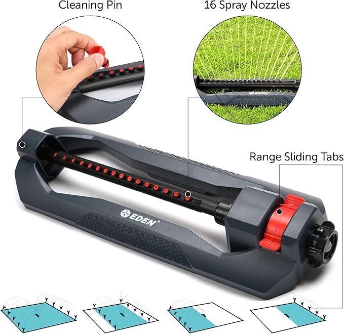 Eden 94113 Lawn & Garden Essential Oscillating Water Sprinkler For Yard W/Quick Connect Starter Set, 16 Nozzles, Covers up to 3,600 sq. ft, Heavy Weight Base