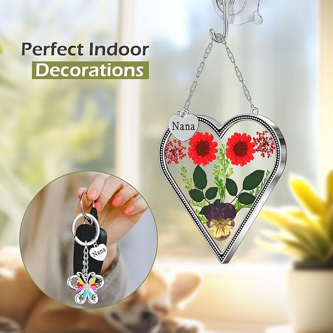 KY&BOSAM Heart Suncatcher Nana Gift for Nana Stain Glass Wind Chime for Window Pressed Flower Between Heart Glass Metal Engraved Charm Gift for Mother's Day Valentine's Birthday Thanksgiving Christmas
