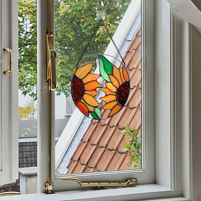 BOXCASA Sunflower Decor Stained Glass Window Hanging,Handmade Art Craft Sun Flower Glass Suncatchers for Window,Tiffany Style Ornament Home Decoration Housewarming Gifts for Mother