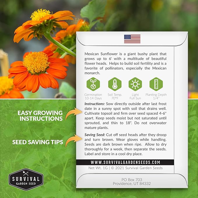 Survival Garden Seeds - Mexican Sunflower Seed for Planting - 2 Packs with Instructions to Plant and Grow Tithonia Rotundifolia in Your Home Vegetable or Flower Garden - Non-GMO Heirloom Variety