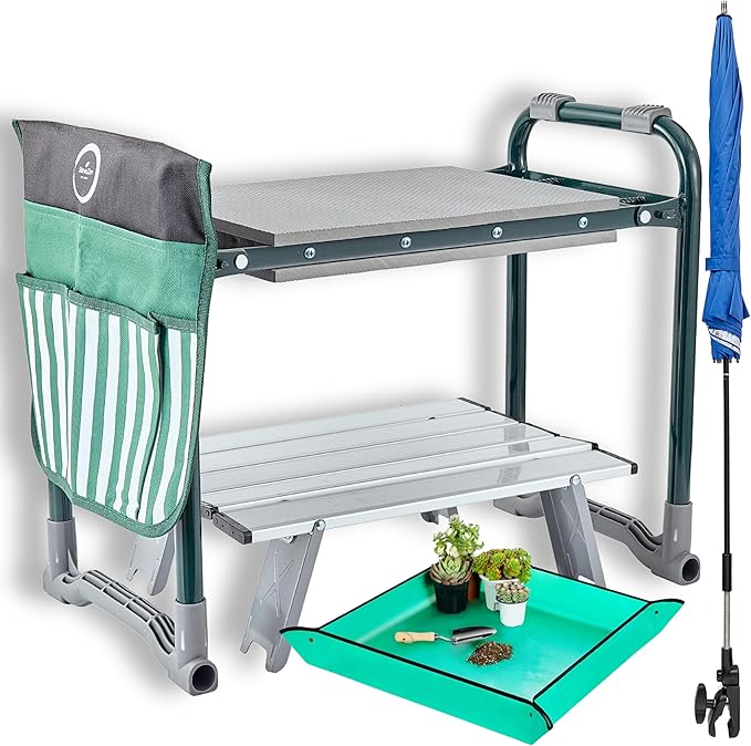 Garden Kneeler Seat Bench-Foldable-Saves Your Back and Knees! Extras Included-SunShade Umbrella (Patented), Wide EVA Foam Pad (10.2"), Folding Table, Potting Mat. Great gift for Everyone, Seniors.