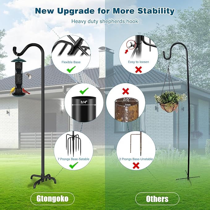Gtongoko Shepherds Hook for Outdoor, 92 Inch Bird Feeder Pole with 7 Prongs Base, 3/4 Inch Thick Heavy Duty Adjustable Garden Hook for Hanging Plant, Hummingbird Feeder, Lantern, 1 Pack
