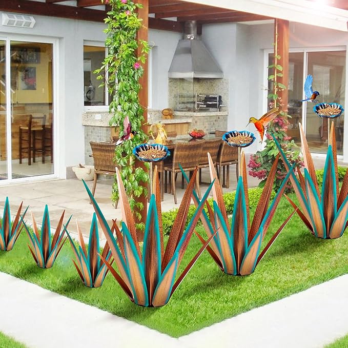 Large Tequila Rustic Sculpture, Rustic Metal Agave Plants for Outdoor, Home Decor Garden Yard Statue (Blue - L (W/Bird Feeder))