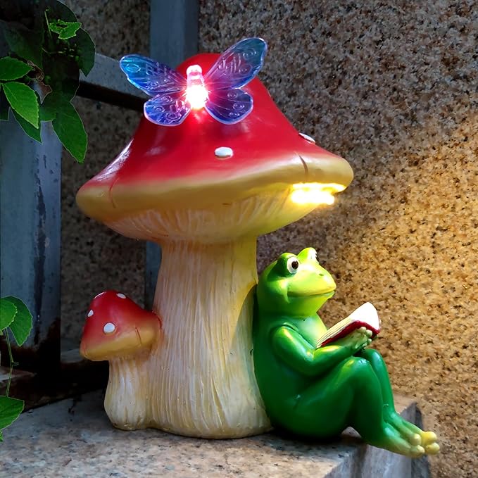 Solar Frog Mushroom Garden Statues,Resin Frog Mushroom Reading a Book Figurine with LED Solar Lights, Lawn Decor Outdoor Statue for Patio,Balcony,Yard,Lawn Ornament