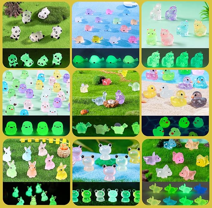 Luminous Tiny Resin Animals 300 Pcs Mini Animals Bulk Mini Resin Ducks Owls Tiny Frogs Pandas Small Rabbits Glow in The Dark for Miniature Garden Accessories Micro Landscape Aquarium Potted Decoration