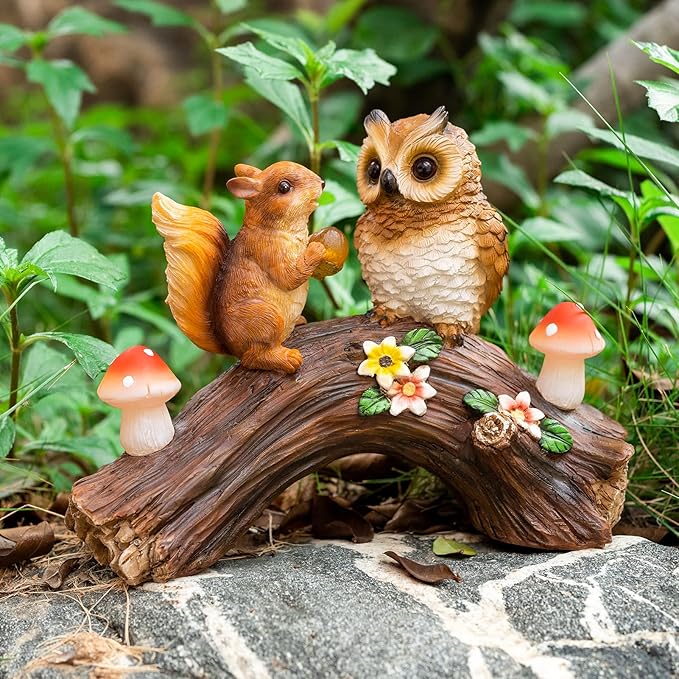 Solar Owl Garden Statues Outdoor Decor Resin Owl Squirrel Figurine with Mushroom Lights for Patio Lawn Yard Decorations Christmas Housewarming Gardening Gifts for Women Mom