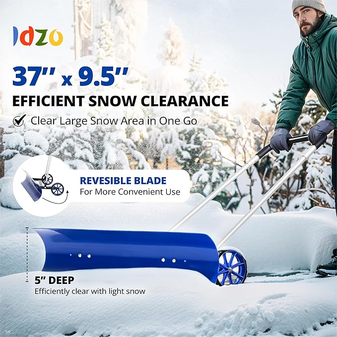 Idzo Efficient Snow Pusher, Snow Plow Shovel with 37-Inch Reversible and Bi-Directional Angled Blade, Snow Shovel with Wheels & Convenient 90 Degree Handle for Driveways, Sidewalks, Ice Hockey Rinks