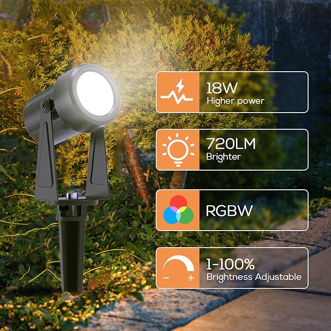 SUNTHIN Outdoor Landscape Lighting with Remote, RGBW Color Changing Spot Uplights, IP65 Waterproof & Connectable, 6 Pack