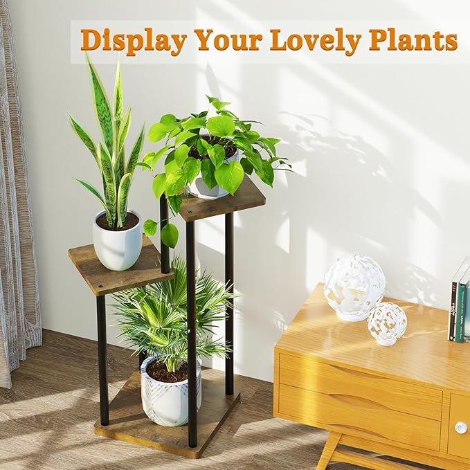 3 Tier Plant Stands Indoor, Metal Wood Tiered Corner Plant Stand Pot Holder, Wood Flower Shelf Display Rack for Living Room Bedroom Outdoor Balcony Garden Patio, Black