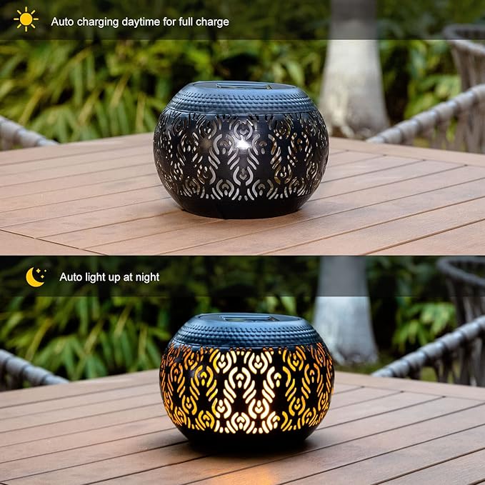 Solar Table Light Outdoor Waterproof - Solar Powered LED Lamp Dancing Flickering Flame,Hollowed-Out Black Peacock Feather Metal Desktop Decorative Lantern for Desk Patio Garden Pathway Yard