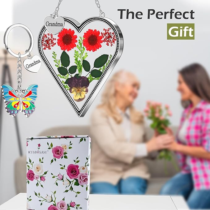 KY&BOSAM Heart Suncatcher Grandma Gifts Glass Butterfly Suncatchers for Window Pressed Flower Between Heart in Glass Metal Engraved Charm Gift for Women Mother's Day Valentine's Birthday Christmas