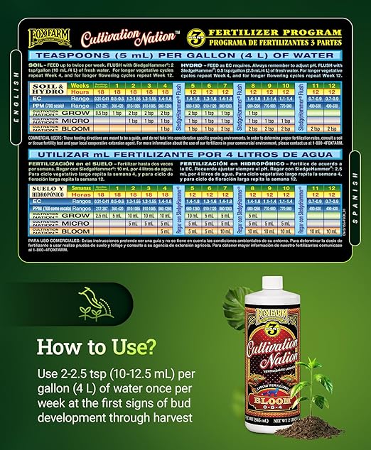 FoxFarm Cultivation Nation Bloom Fertilizer - Enhanced Bud & Fruit Development, Ideal for Soil, Soilless Media, Hydroponics & Aeroponics - Part 3 of 3-Part Feeding Program- NPK 0-5-4 (Quart)
