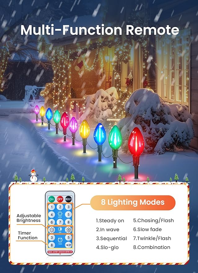 Minetom 2 Pack Solar Double C9 Christmas Pathway Lights Outdoor -Total 32FT 20 LED C9 Christmas Lights Outdoor with Timer,8 Modes, Solar Christmas Outdoor Decorations for Lawn Outside Yard, Multicolor