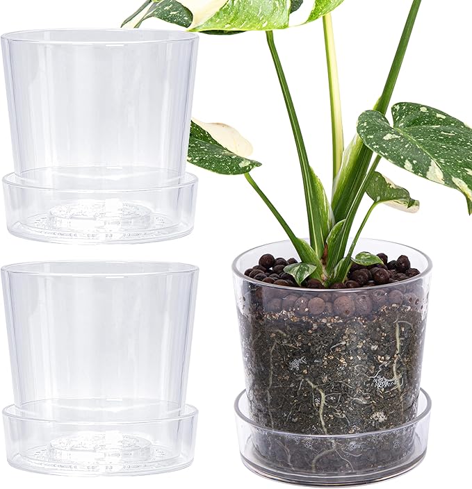Phoenix Vine 6.5 Inch Clear Acrylic Planter Pot with Tray, Orchid Pot with Drainage Holes, Deep Saucer for Bottom Watering, Transparent Containers for Indoor Plants, Herbs, Set of 3, 91-A-F-3