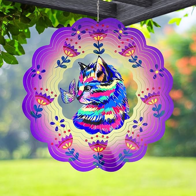 Cat Wind Spinners 3D Hanging Wind Spinner Cat Ornament Gifts for Women Mom Grandma,12inch Metal Wind Kinetic Sculpture for Outdoor&Indoor Decor, Yard Art, Garden Decoration