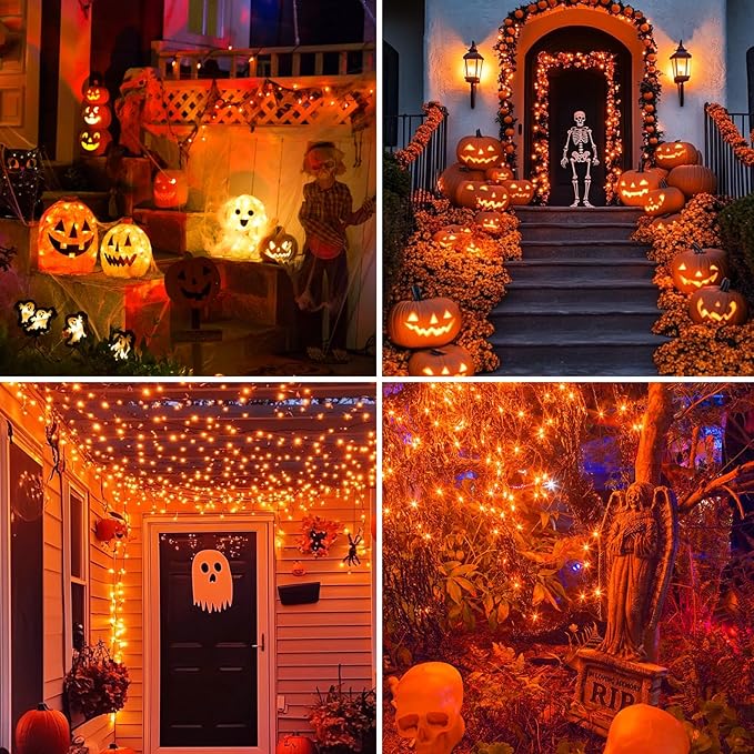 kolpop Orange Solar Fairy Lights Outdoor Waterproof, 3 Pack 33FT 80LED Solar Powered String Light, 8 Modes Copper Wire Solar Twinkle Lighting for Halloween Tree Garden Yard Outside