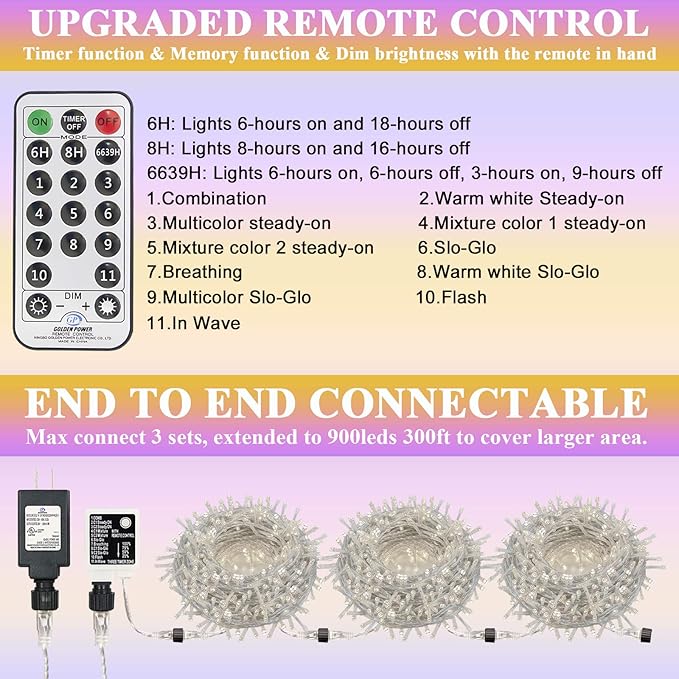 Decute 300LED Christmas Tree String Lights Outdoor Indoor 108FT Extendable, 11 Modes 4 Colors Changing Twinkle Fairy Lights with Timer Remote for Party Decor, Warm White & 3 Multicolors