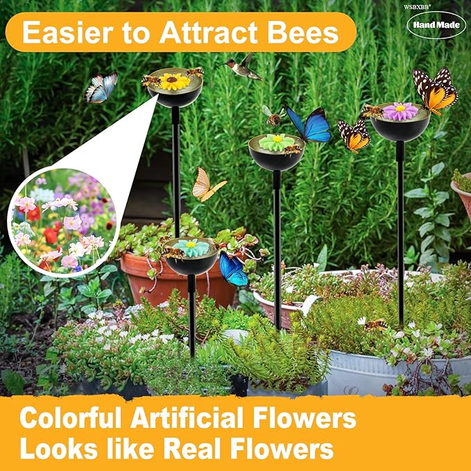 4 Pack Bee Cups For Garden with Artificial Flowers, Bee Waterer And Butterfly Water Stations, Bee Water Catcher Cups For Thirsty Pollinators, Bee Bath, Colorful Metal Garden Sculpture Stakes Decor