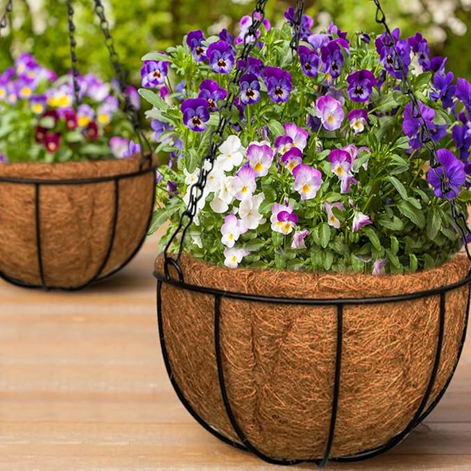 ZeeDix 2 Pack 12 Inch Metal Round Hanging Planter Basket with Coconut Liners Replacement, Hanging planters Baskets with Natural Coco Liner for Outdoor Indoor Planters Flowers Vegetables