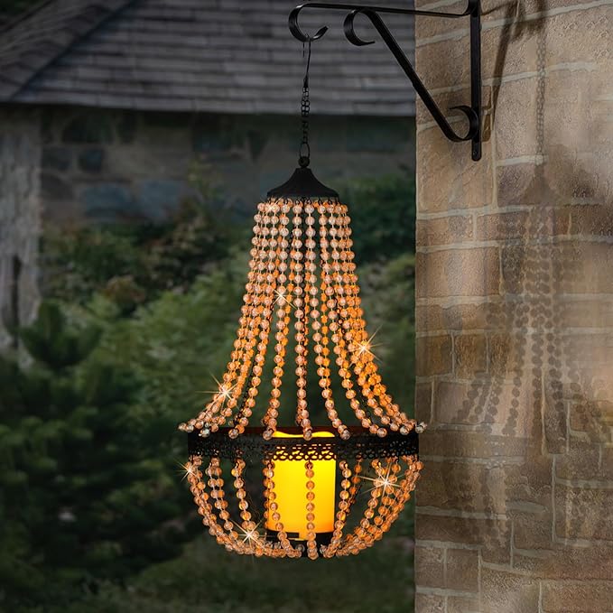 Hanging Candle Chandelier Outdoor, Battery Operated Clear Acrylic Beaded Chandelier with Flickering Led Candle Light S Hooks Modern Lantern for Garden Yard Patio Gazebo Room Indoor Decorations, 27”H