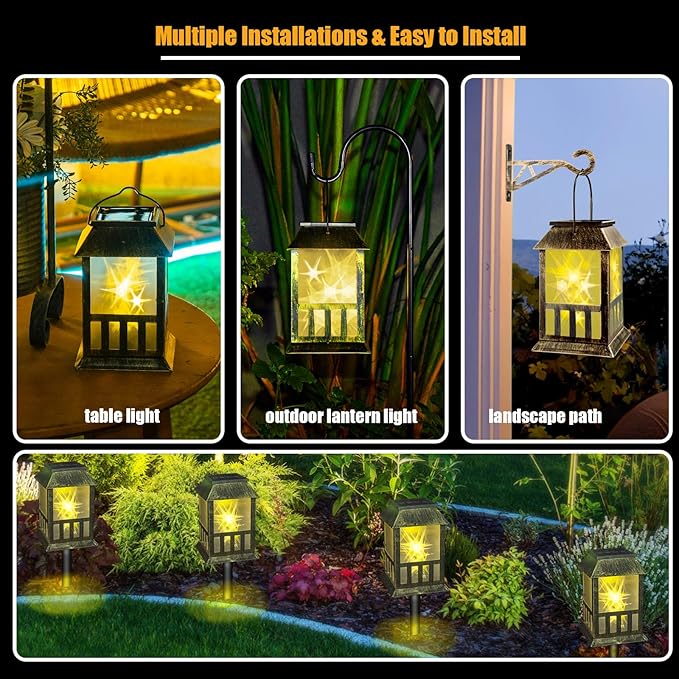 Solar Lanterns Outdoor Waterproof, Pathway Lights with 3D Lighting Effect, Solar & USB C Charging, Metal Garden Decor Hanging Lights for Landscape Yard Patio Lawn Driveway, Warm Light 1 Pack