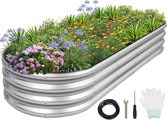 1MORE Galvanized Raised Garden Bed- Planter Garden Boxes Outdoor, Raised Beds for Gardening, 6x2x1ft Metal Garden Bed Kit for Vegetables Flower, Planter Raised Beds with Protective Tape & Tools.Silver