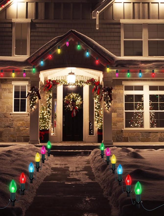 C9 Christmas Pathway Lights Outdoor, 38Ft Outdoor Christmas Decorations with 25 C9 Multicolor Bulbs Christmas Stakes Lights, Connectable Christmas Walkway Lights for Outside Yard Lawn Sidewalk Garden