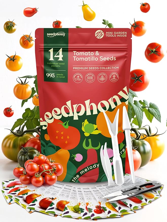 14 Tomatillo & Tomato Seeds for Planting Variety Pack - 990+ Non-GMO Heirloom Vegetable Seeds for Growing Tomato Indoor & Outdoor: Cape Gooseberry, Cherry, Flame, Roma, Pink, Beefsteak Tomatoes