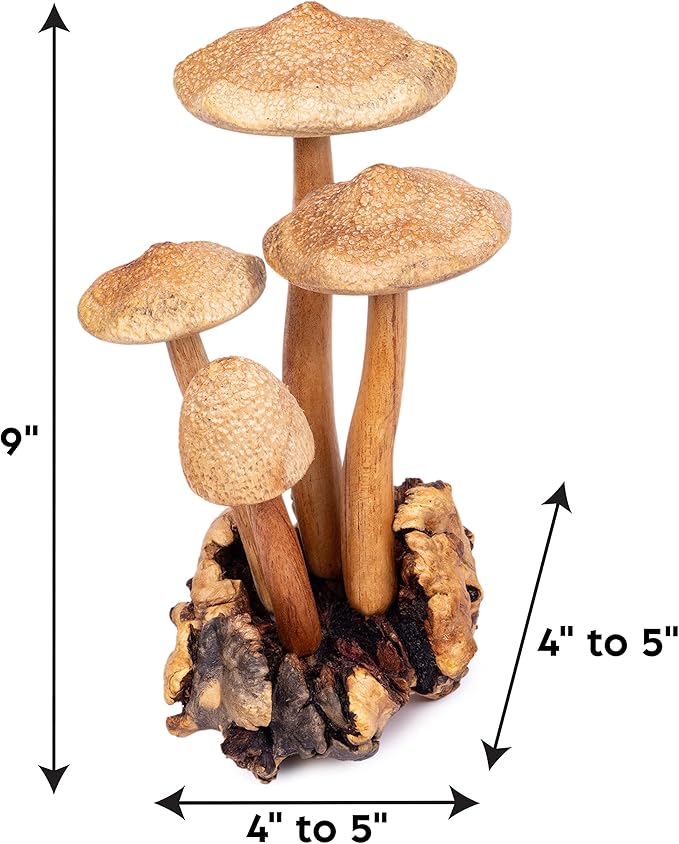 Curawood Wooden Mushrooms Sculpture for an Ornate Touch - Handcrafted 9" Mushroom Statue with Intricate Details - Authentic Garden Mushrooms Decorative Centerpiece - Artisan Cottagecore Mushroom Decor