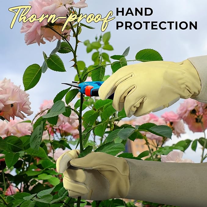HANDLANDY Rose Pruning Gloves for Men & Women, Thorn Proof Long Garden Gloves, Gardening Gifts for Gardeners (Beige- Goatskin, X-Large (Pack of 1))