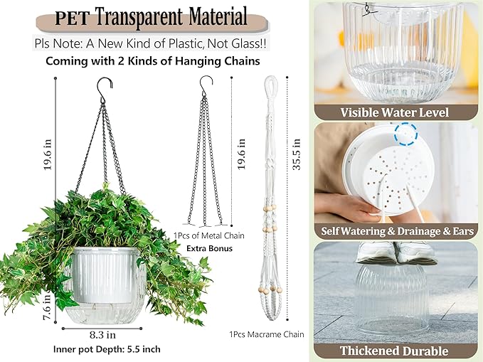 Melphoe Self Watering Hanging Planters for Indoor Plants, 1 Pack 8.3 Inch Outdoor Hanging Plant Pot Basket, 2 Kinds of Hangers Macrame 35.5’’ & Metal Chain 19.6’’ for Garden Home Decor