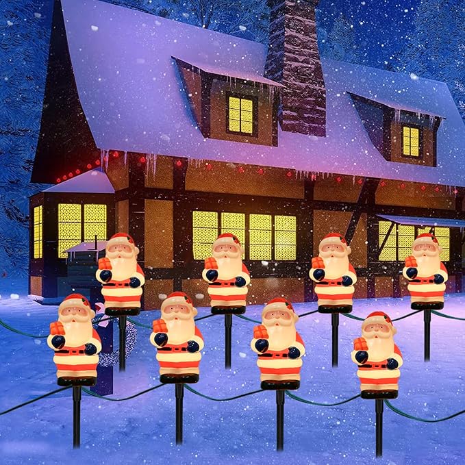 Goothy 2 Sets Santa Christmas Pathway Stakes Lights, 7Ft C7 Outdoor String With 8 Santa Claus Driveway Marker, Connectable Decorations for Yard Garden Walkway