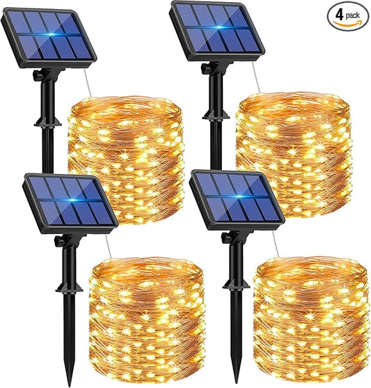 4 Pack Solar String Lights Outdoor - 320LED 132FT Solar Fairy Lights Waterproof 8 Modes, Copper Wire Solar Powered Twinkle Lights for Outside Tree Garden Christmas Wedding Party Decor (Warm White)